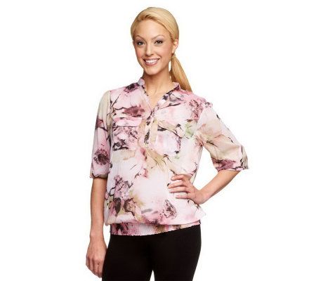 Susan Graver Printed Chiffon Pull Over Y-neck Blouse w/Banded Bottom - A214164