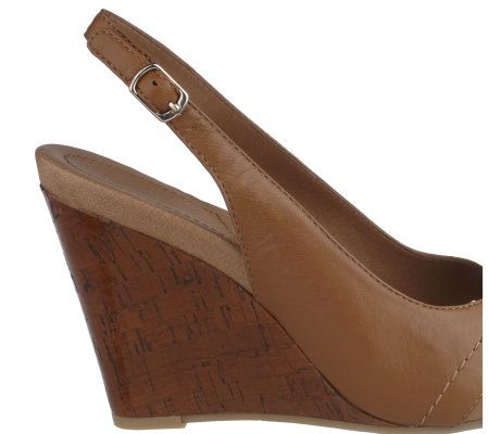 Tignanello Leather Peep Toe Wedge Slingbacks with Button Detail