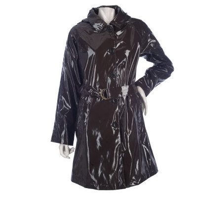 Dennis Basso Water Resistant Faux Patent Hooded Coat w/ Removable Belt - A216164