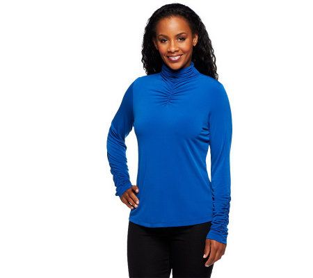 Susan Graver Liquid Knit Long Sleeve Turtleneck with Ruching Detail - A218464