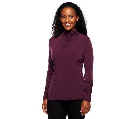 Susan Graver Liquid Knit Long Sleeve Turtleneck with Ruching Detail - A218464