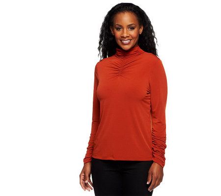 Susan Graver Liquid Knit Long Sleeve Turtleneck with Ruching Detail - A218464