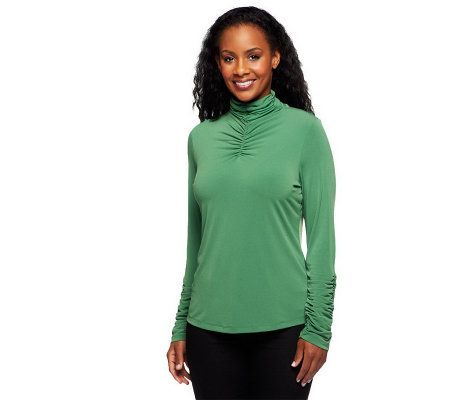 Susan Graver Liquid Knit Long Sleeve Turtleneck with Ruching Detail - A218464