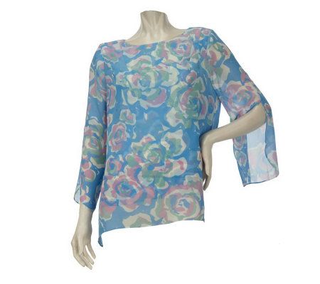 Bob Mackies Romantic Rose Floral Print Split Sleeve Peasant Top - A223764