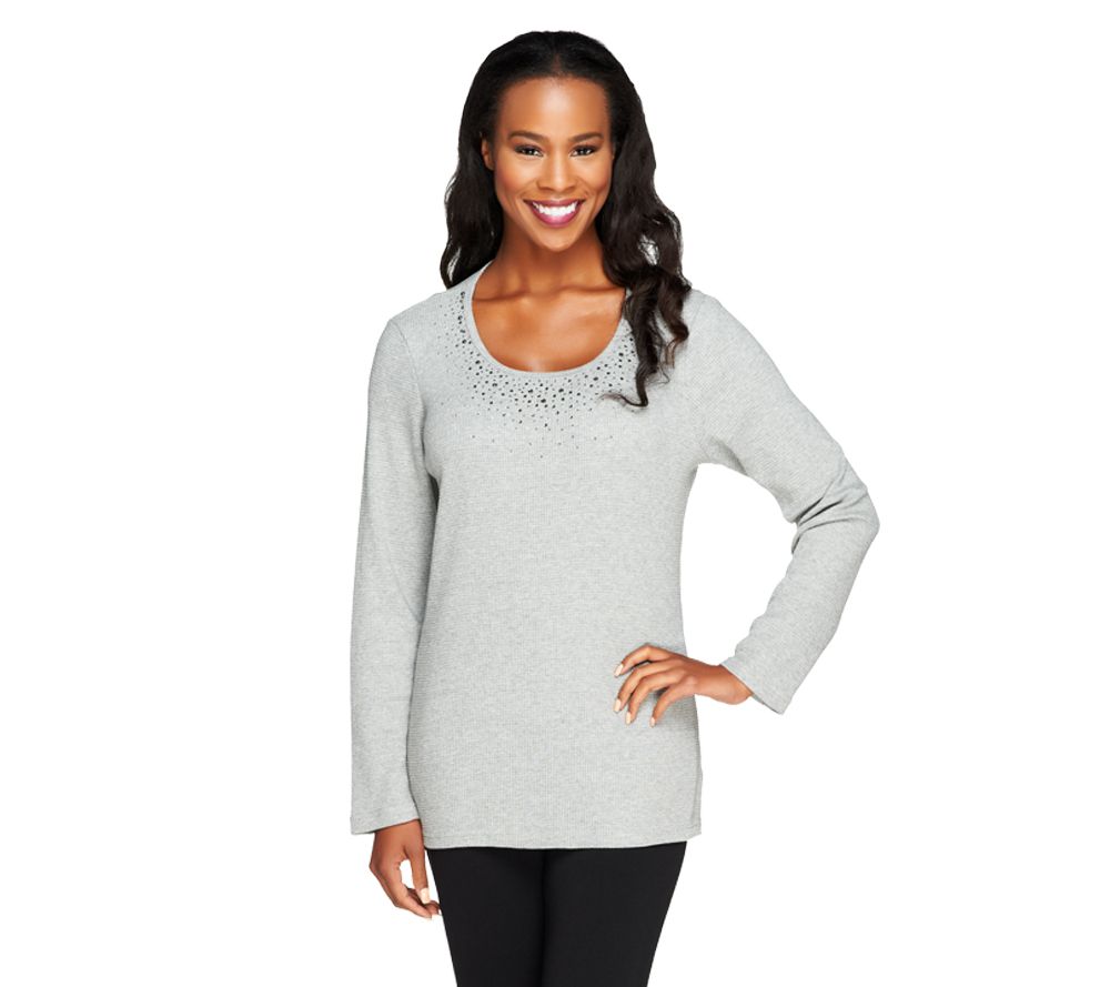 Quacker Factory Long Sleeve Waffle T-shirt w/ Sparkle Scoop Neck - A226464