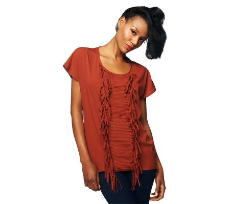 K-DASH by Kardashian Scoopneck Blouse with Fringe Detail - A227064
