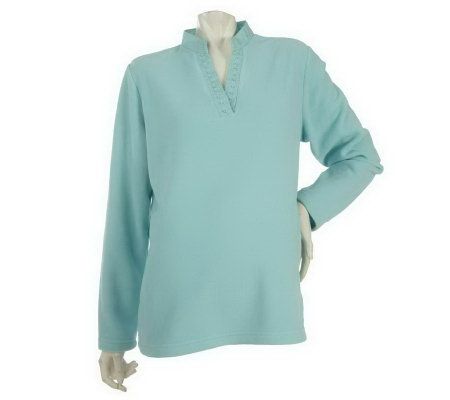 As Is Denim & Co. Mandarin Collar Fleece w/Embroidery and Bead Trim - A235664