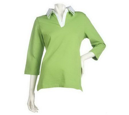As Is Denim & Co. 3/4 Sleeve Knit Top with Woven Double Double Collar - A235864
