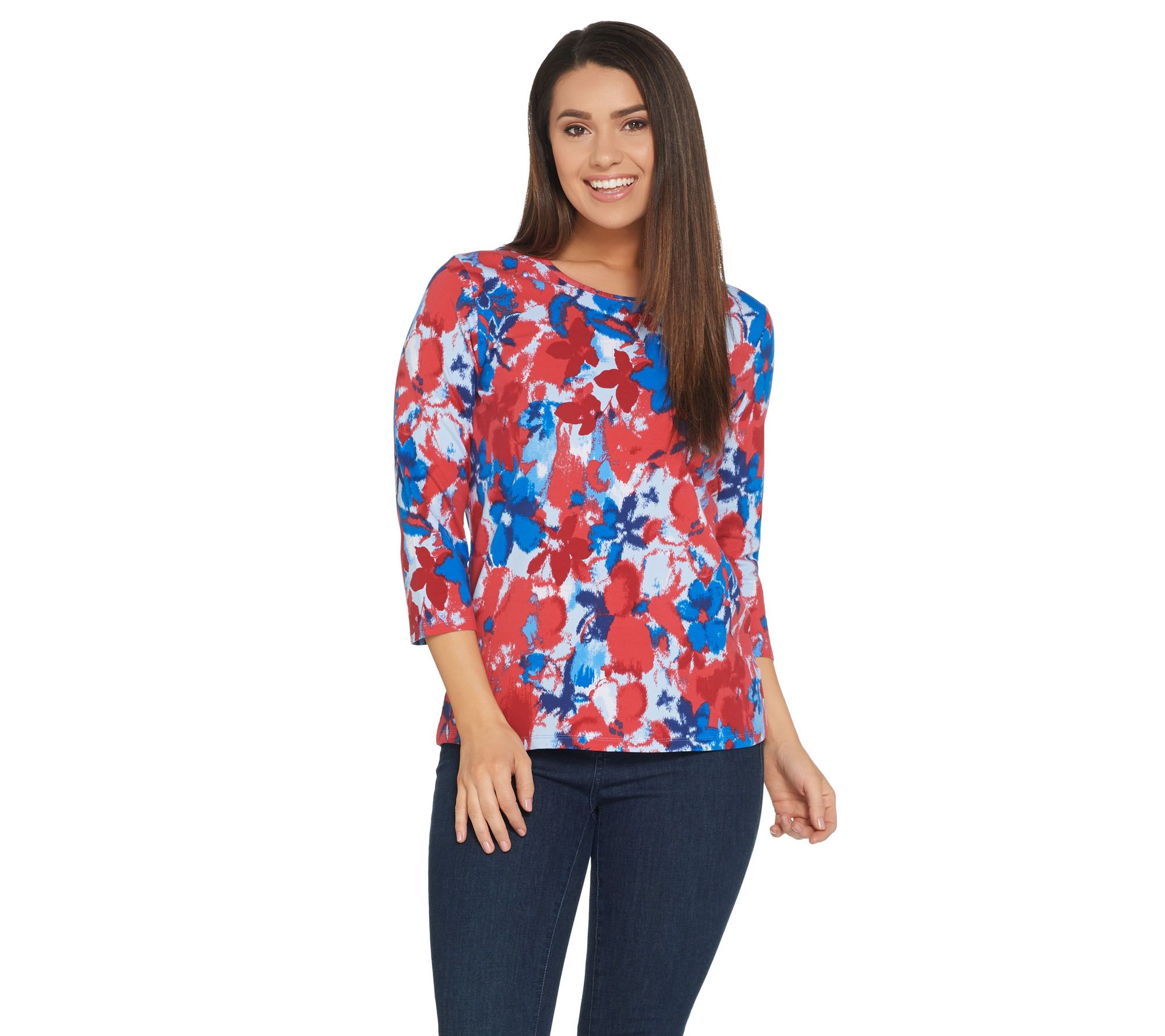 Denim & Co. 3/4 Sleeve Round Neck Watercolor Print Top - A198565