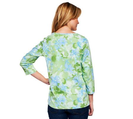 Denim & Co. 3/4 Sleeve Round Neck Watercolor Print Top