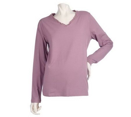 Denim & Co. Essentials Long Sleeve Ruffle Trim V-neck T-shirt - A203365