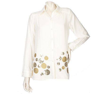 Susan Graver Cool Peach Button Front Blouse with Circle Motif - A210865