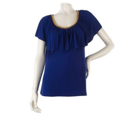 Susan Graver Liquid Knit Flounce Top with Chain Trim - A215965