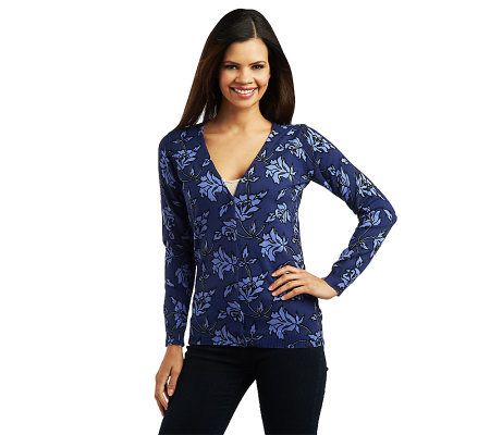 Liz Claiborne New York Long Sleeve Floral Printed V-Neck Cardigan - A219165