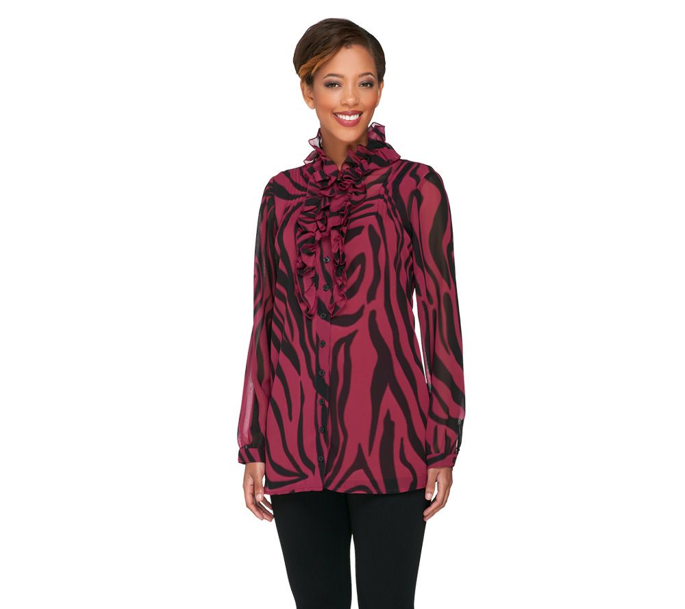 Dennis Basso Abstract Print Chiffon Tunic with Ruffle Placket & Cami - A228365