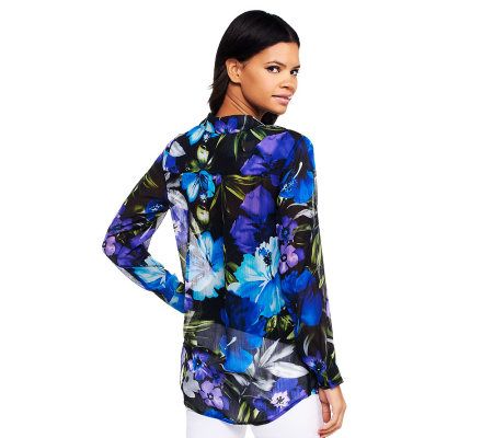 Susan Graver Yoryu Chiffon Button Front Blouse with Long Sleeves