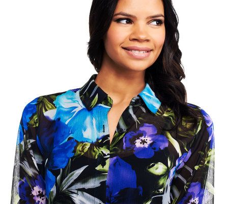 Susan Graver Yoryu Chiffon Button Front Blouse with Long Sleeves