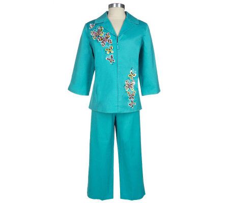 Bob Mackies Embroidered Stretch Pique Jacket and Crop Pants - A56165