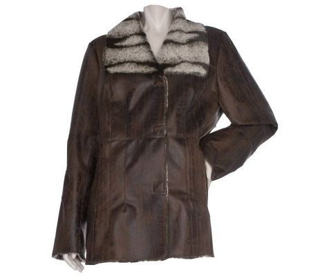 Dennis Basso Distressed Faux Leather Coat w/Faux Fur Wing Collar - A96465