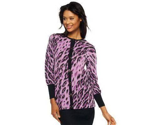 Bob Mackies Long Sleeve Leopard Print Button Front Cardigan - A209266