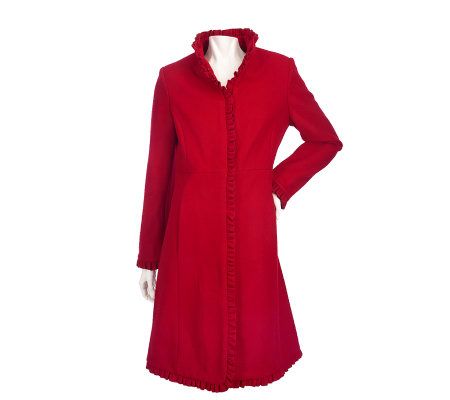 Centigrade Wool Blend Ruffle Front Coat with Stand Collar - A210166