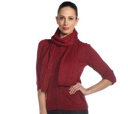 Isaac Mizrahi Live! Metallic Cable Cardigan and Scarf - A212066