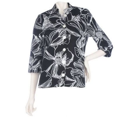 Susan Graver Floral Print Cotton Jacket with Mandarin Collar - A213366