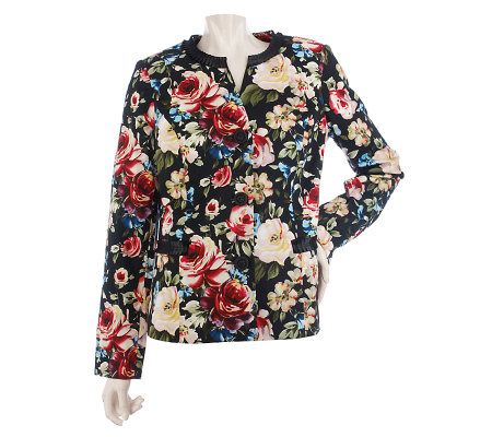 Susan Graver Cotton Sateen Jewel Neck Fully Lined Printed Jacket - A214166