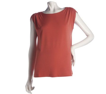 Susan Graver Liquid Knit Cap Sleeve Top with Ruched Shoulders - A215966