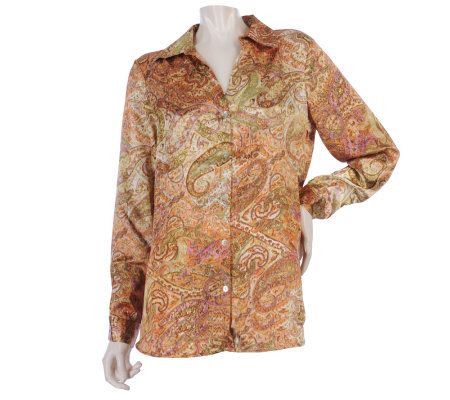 Susan Graver Printed Charmeuse Button Front Big Shirt - A218466