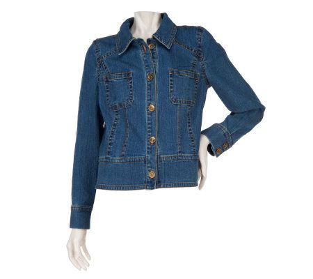Susan Graver Stretch Denim Button Front Jacket with Patch Pockets - A220666