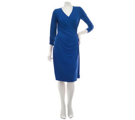 Susan Graver Liquid Knit Surplice Wrap Dress with Ruched Sleeves - A224866