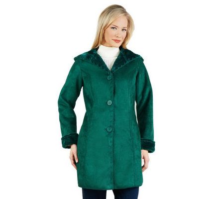 Denim & Co. Faux Suede Whipstitching Jacket with Faux Fur Hood - A226366