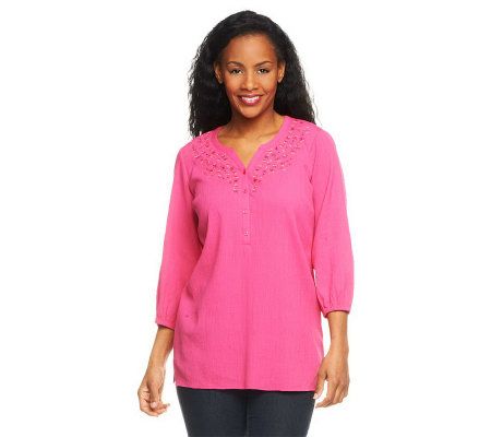 Liz Claiborne New York 3/4 Sleeve Tunic with Embroidery - A232066