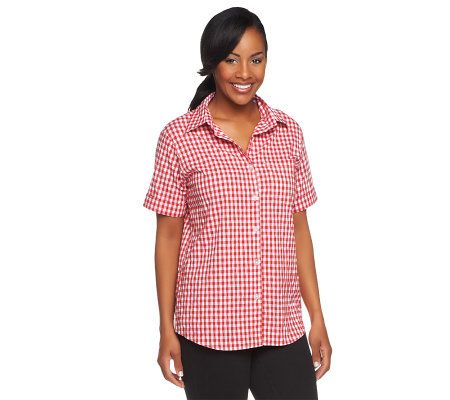 Denim & Co. Stretch Gingham Seersucker Camp Shirt - A33866