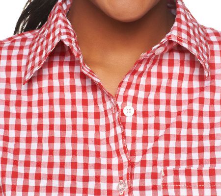 Denim & Co. Stretch Gingham Seersucker Camp Shirt