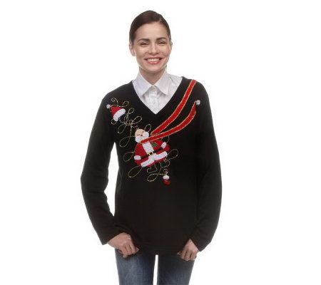 Quacker Factory Swept Away Santa/Snowman Vneck Sweatshirt - A85266