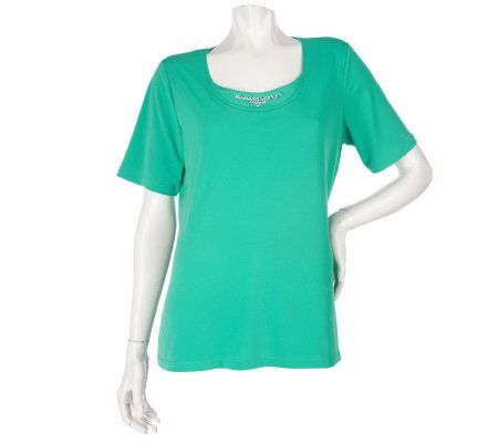 Susan Graver Liquid Knit Solid U-Neck Top with Embellishment - A200667