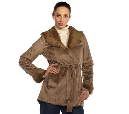 Isaac Mizrahi Live! Shearling Coat with Faux Fur Trim - A212267