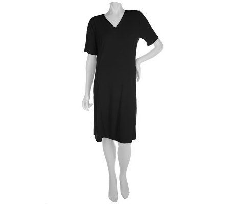 Susan Graver Liquid Knit V-neck Dress with Elbow Sleeves - A213367