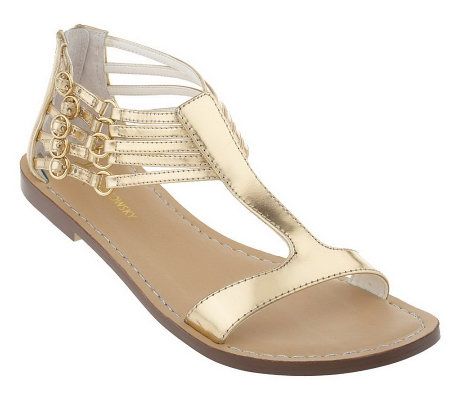 B. Makowsky Leather T-strap Sandals w/ Buckles & Back Zip - A214867