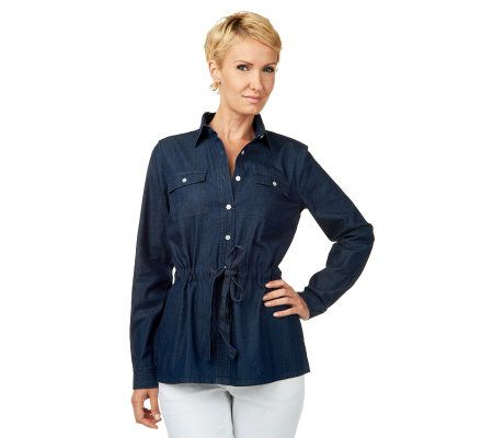 Liz Claiborne New York Lightweight Denim Blouse W/Drawstring - A219167