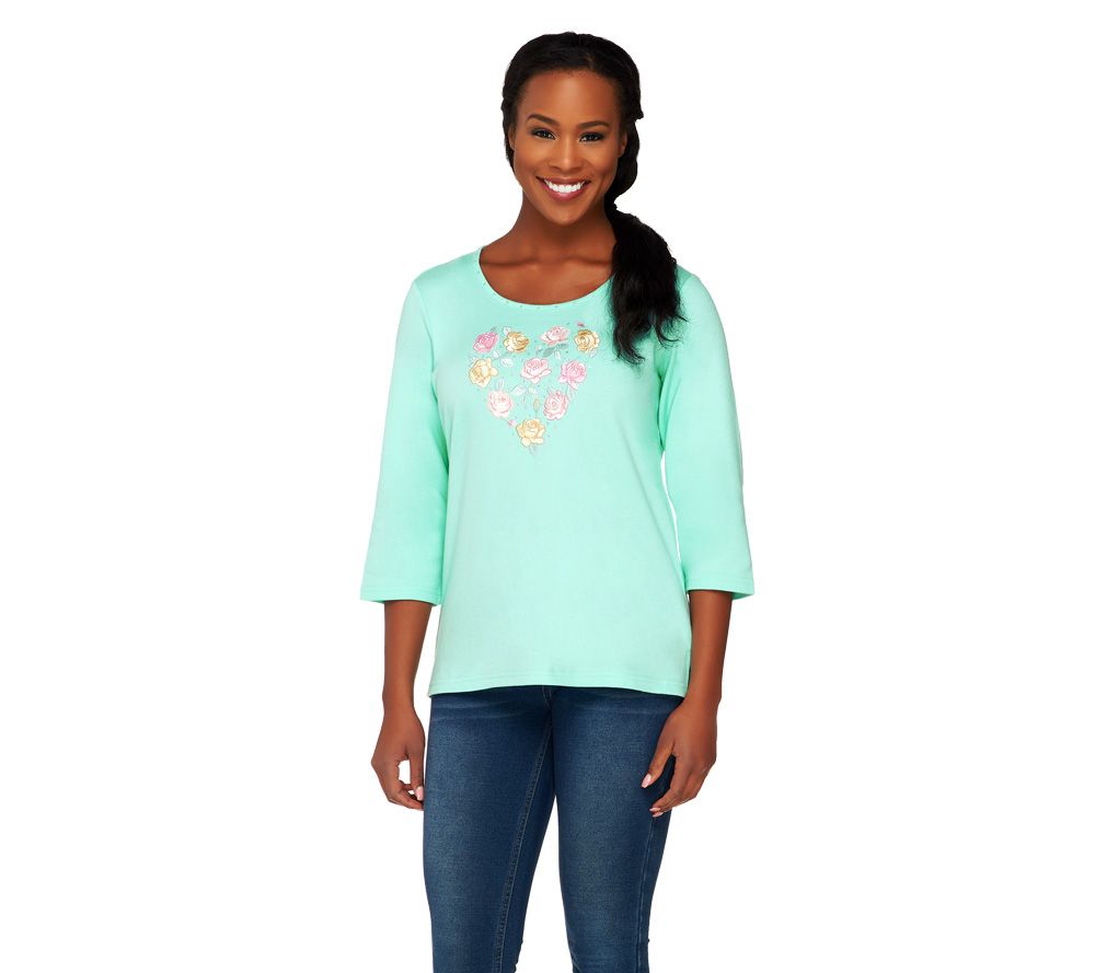 Quacker Factory Embroidered Floral Heart 3/4 Sleeve T-shirt - A221767