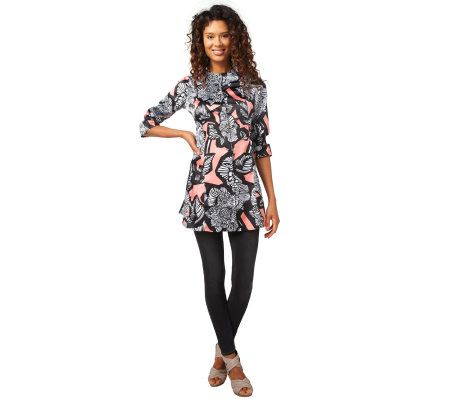 Dennis Basso Floral Print Button Front Flared Tunic w/ Shirring Detail - A223467