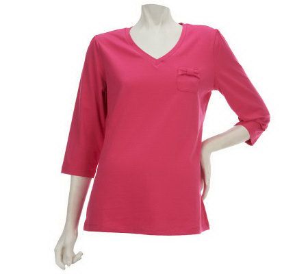 Denim & Co. 3/4 Sleeve V-Neck Tee with Bow Pocket Detail - A226267