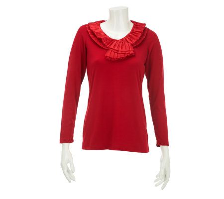 Dennis Basso Long Sleeve Knit Top with Satin Ruffle Detail - A228367