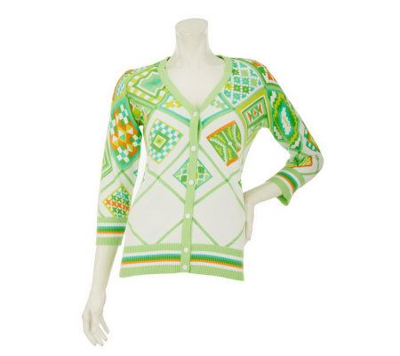 Bob Mackies Printed Moroccan Tile Cardigan w/ Contrast Trim - A232567