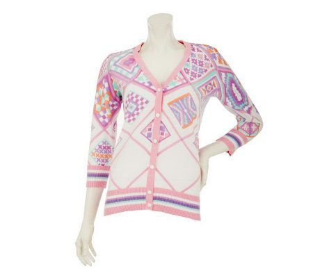 Bob Mackies Printed Moroccan Tile Cardigan w/ Contrast Trim - A232567