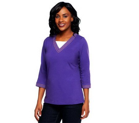 Denim & Co. 3/4 Sleeve V-neck Duet Stretch Top w/ Contrast Stitch - A96367
