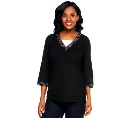 Denim & Co. 3/4 Sleeve V-neck Duet Stretch Top w/ Contrast Stitch - A96367